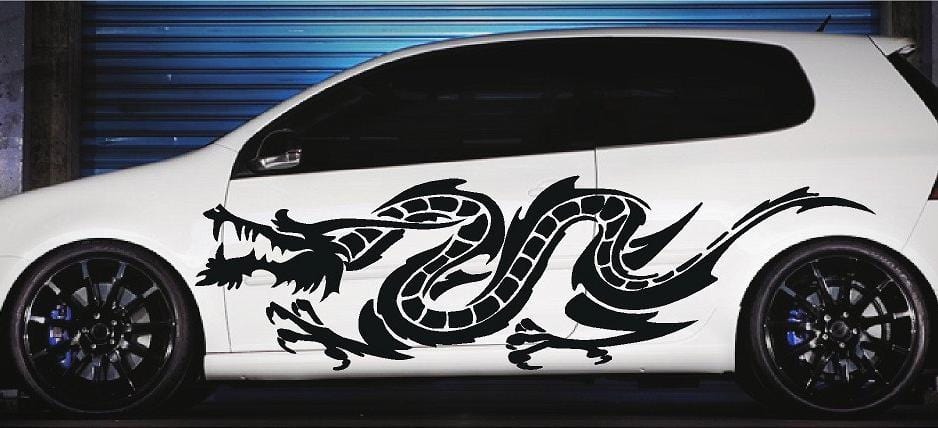 asian dragon vinyl decal on white car